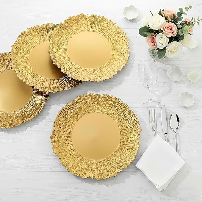 24 Pack Metallic Charger Plates 13inch Round Elegant Serving Plates Plastic Disposable Chargers Bulk Dinnerware Set for Dinner Wedding Party Events Catering Decoration (Gold,Embossed Rim)