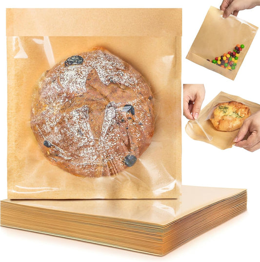 Self Sealing Sandwich Bags with Seal, 7 × 9.2 Inch 200PCS Paper Bakery Bags with Window, Grease Resistant To Go Sleeves for Packaging Donut, Snack, Scone, Brownie, Small Pastries and other Treats
