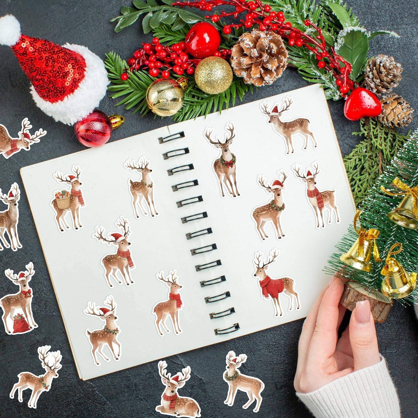 Christmas Watercolor Reindeer Sticker - 16 Elegant Designs with Premium Waterproof Vinyl & Repositionable Adhesive for Gift Wrapping, Scrapbook, Family Crafts, Water Bottle Laptop Decor