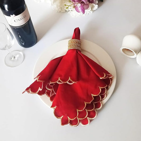 FINGERCRAFT Cloth Napkins, Everyday Use Scallop Design with Golden Zari, Premium Quality Natural Cotton Napkin Cloth Set of 6 Perfect for Parties Dinners Weddings Christmas 20x20 inch Tango Red