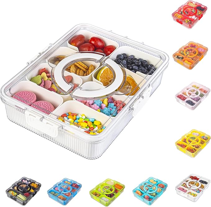 Patent Design Ribbed Snackle Box Container Snack Container Divided Serving Tray with Lid and Handle, 8 Divider Portable Snacklebox for Travel Beach for Charcuterie Veggie Fruit Candy,1 Pack