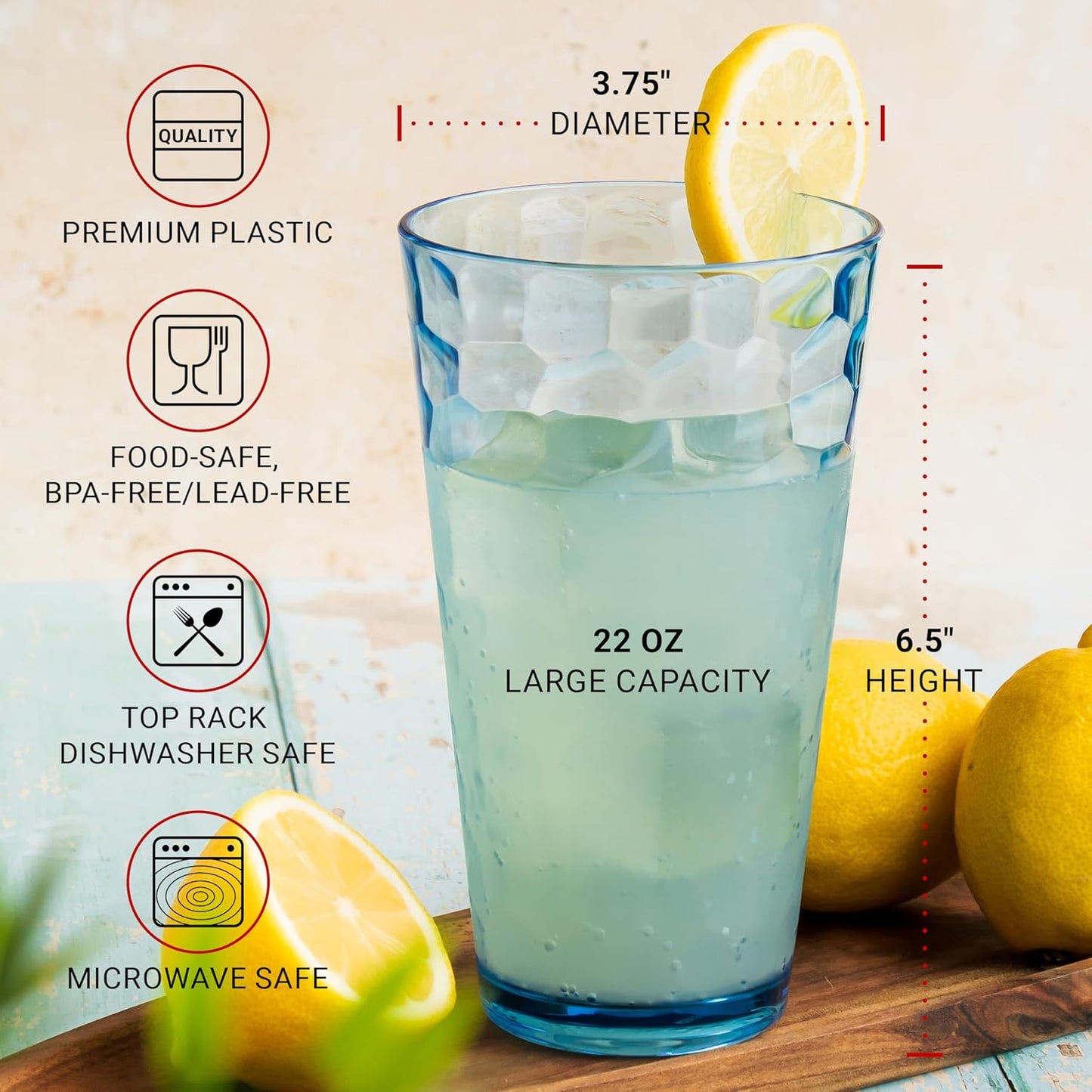 Hammered Plastic Drinking Tumbler, Dishwasher-Safe Premium Quality Water Glasses, BPA-Free Reusable Mixed Colors Assorted Stackable Cups, 22 oz Set of 6