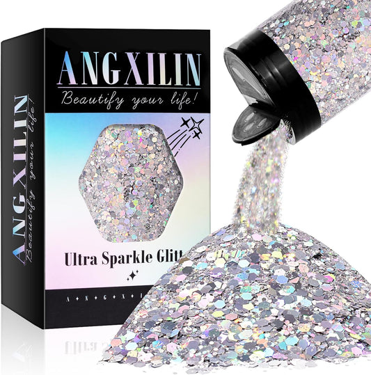 Holographic Chunky & Fine Mixed Glitter, 190g/6.7oz - Laser Silver for Face, Body & Nail Art, Epoxy Resin Tumbler & Jewelry Making