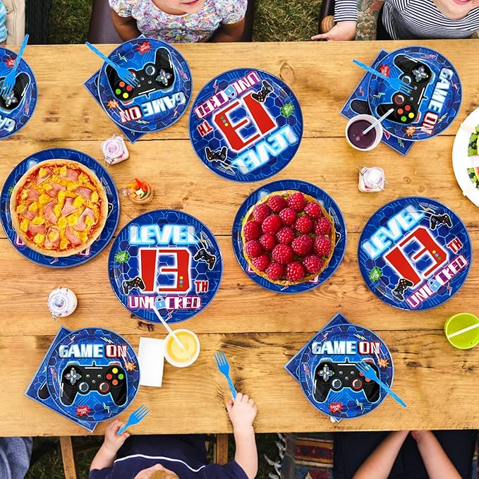 Grencian 96Pcs 13th Birthday Party Decorations Blue Video Game Plates Disposable Blue Official Teen 13th Birthday Paper Tableware Set for Boys 13 Year Old Video Game Theme Party Supplies, Serves 24