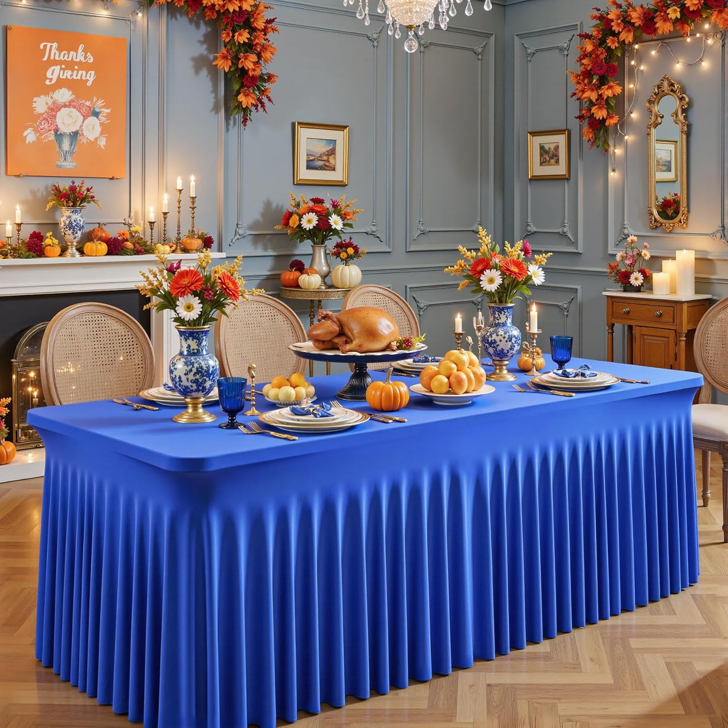 2 Packs Royal Blue Tableclothes for 4 Foot Rectangle Table,Wrinkle Free Spandex Tablecovers 4FT Stretch Fitted Table Cloth with Skirt for Birthday Parties Graduations Event Wedding Banquet