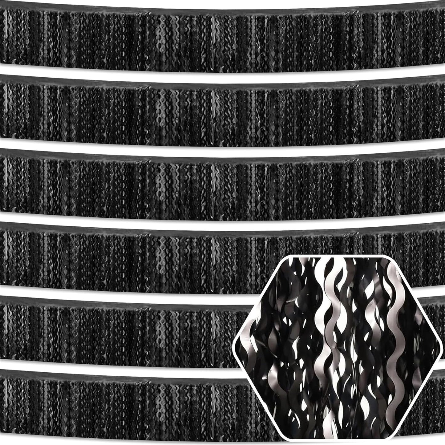 6 Pack 10 Feet Black Wave Foil Fringe Garland Metallic Tinsel Streamers Banner Wall Hanging Curtain Backdrop for Parade Floats, Mother's Day, Easter, Wedding, Birthday Party Decoration