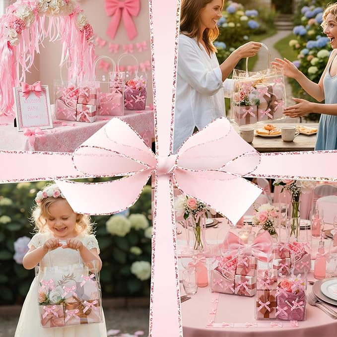 Tioncy 24 Pcs Pink Bow Clear Gift Bags with Handles Bow PVC Goodie Treat Candy Bag Bows Theme Present Wrap Tote Bags for Birthday Party Favor Weddings Decoration Bridesmaid Supply