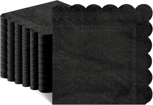 120 Pcs Cocktail Napkins Black Napkins Disposable Scalloped Bar Napkin Beverage Dessert Napkin for Birthday, Coffee, Bar, Kitchen, 5 x 5 Inch