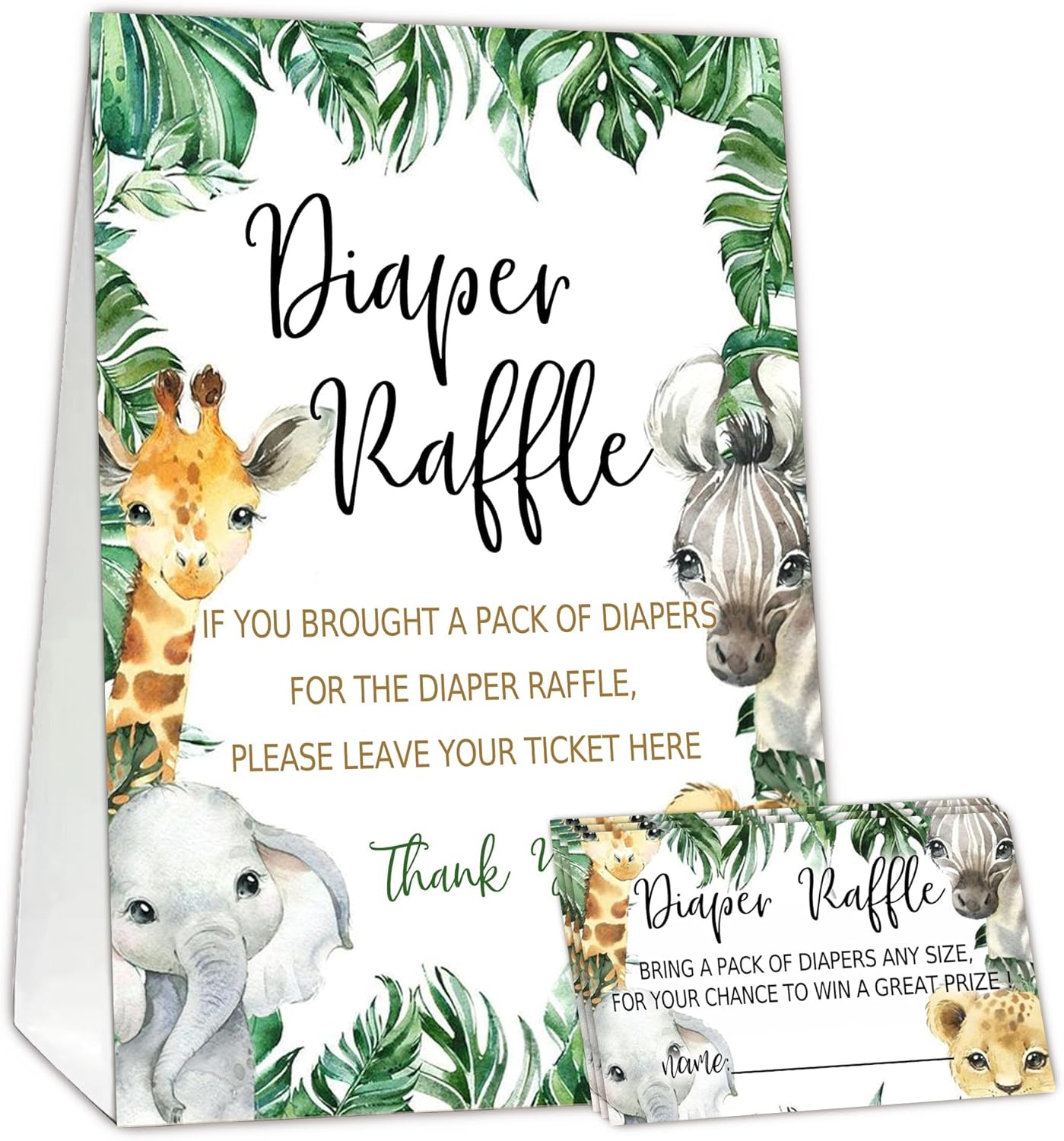 Jungle Animals Diaper Raffle Tickets for Baby Shower Game, 1 Standing Sign(5 * 7 Inch) & 50 Guessing Cards for Baby Shower Party Decoration, C1