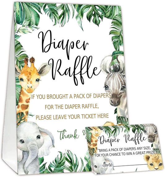 Jungle Animals Diaper Raffle Tickets for Baby Shower Game, 1 Standing Sign(5 * 7 Inch) & 50 Guessing Cards for Baby Shower Party Decoration, C1