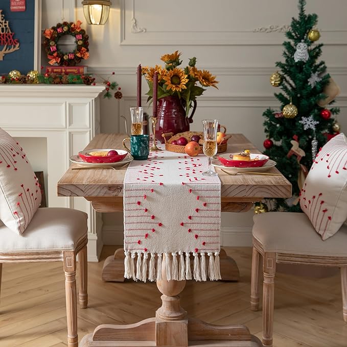 Christmas Table Runner 13 x 72 Inch Long Natural Cotton Woven Runner with Tassels for Home Dining Christmas Decorations, for Modern Farmhouse Holiday Boho Red Table Runner