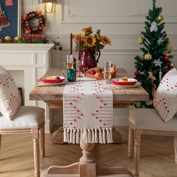 Christmas Table Runner 13 x 108 Inch Long Natural Cotton Woven Runner with Tassels for Home Dining Christmas Decorations, for Modern Farmhouse Holiday Boho Table Runner, Red and Beige