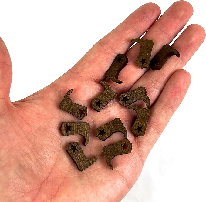FashionJunkie4Life Laser Cut Cowboy Boot Confetti | Dark Walnut Color Wood Table Scatter with Star Cutout | Western Rustic Party Craft Decor