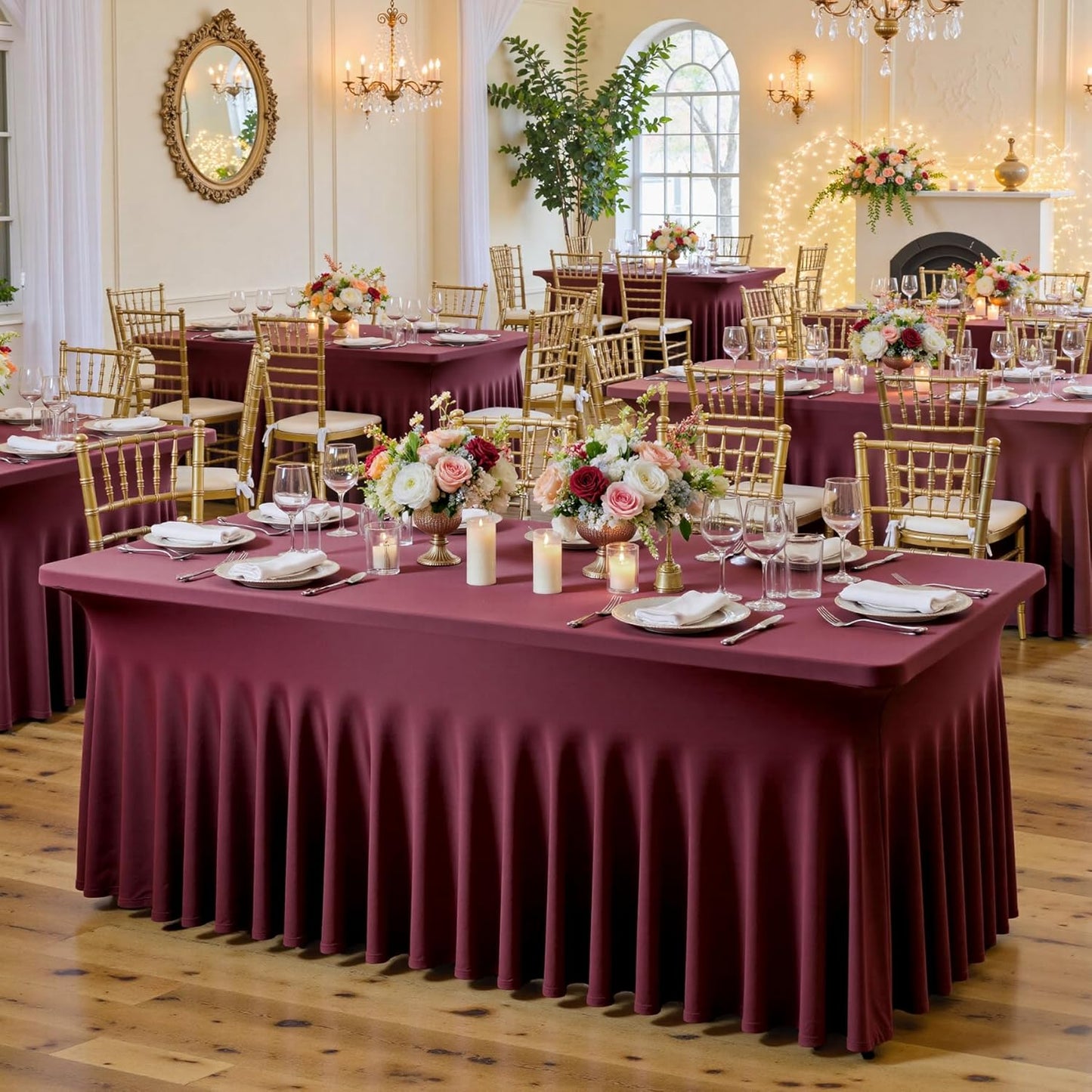 6 pk Burgundy Spandex Tablecloth 6ft with Ruffled Tables,Wrinkle Free High-Stretch Fitted Table Cloths for 6 Foot Rectangle Tables,Elastic Maroon Spandex Table Covers 6 ft for Weddings Banquet Dinning