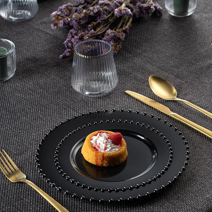 PLASTICPRO 128 Piece Combo Plastic Dinner Plates Disposable Plastic Fancy Heavy Duty Party Dishes 7 inch and 10 inch, Black Beaded