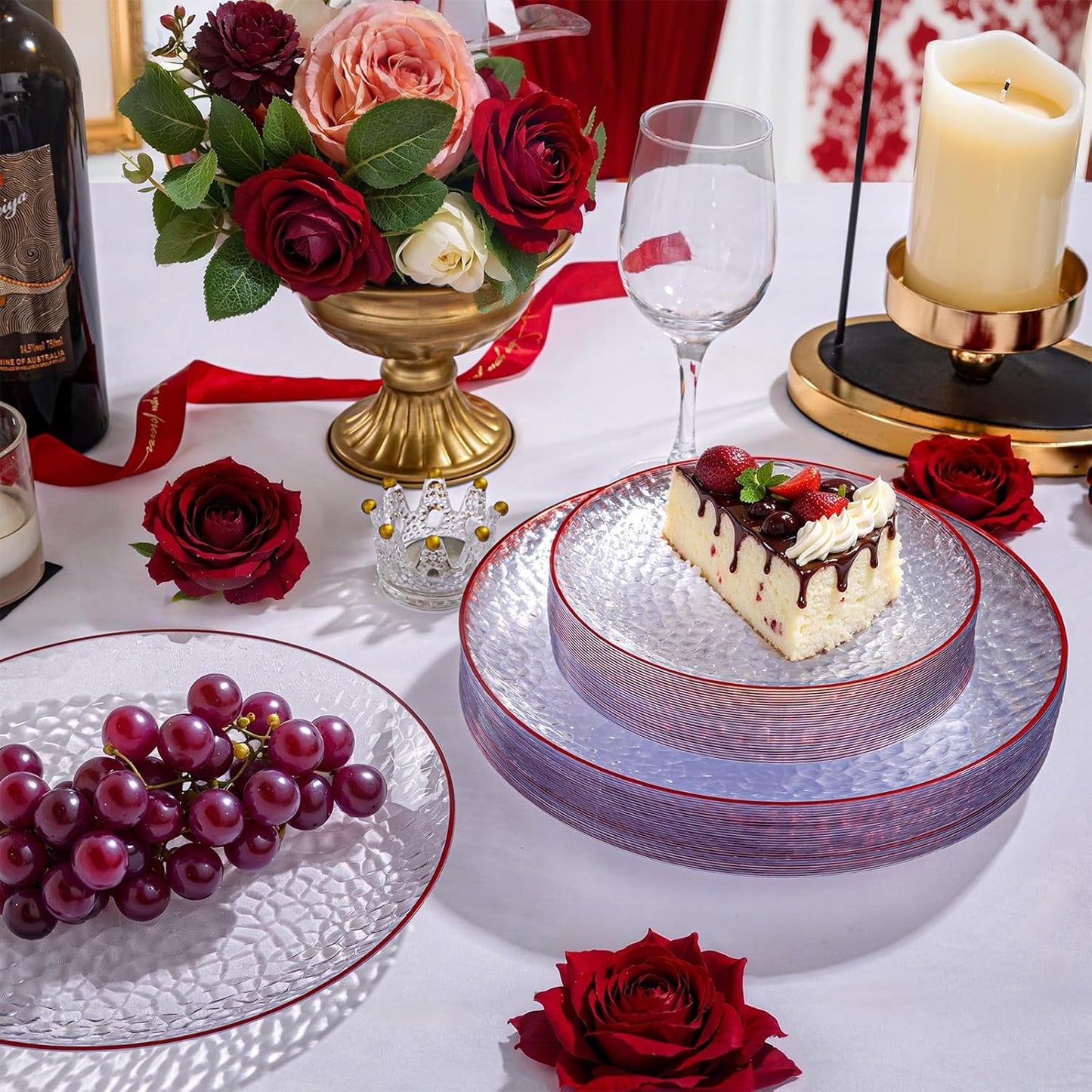 Rubtlamp 60Pcs Red Plastic Plates, Clear Plastic Plates, Heavy Duty Disposable Plates for Party, Fancy Hammered Plates Include 30 Red Dinner Plates 30 Clear Cake Plates For Wedding