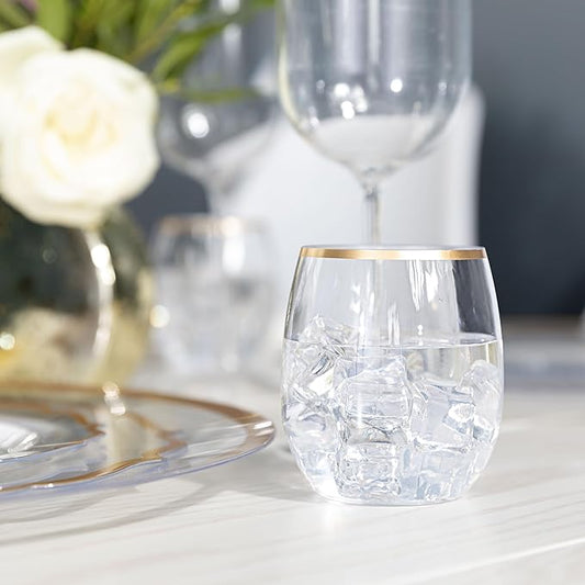 PLASTICPRO 12 Pack Clear With Gold Rim Plastic Wine Glasses Stemless Disposable 12 oz BPA Free Shatterproof Plastic Wine Cups Wine Glasses for Parties