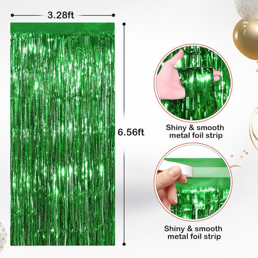 2 Pack Green Metallic Tinsel Foil Fringe Curtains, Door Streamers Photo Booth Backdrop for Birthday Party, Tinsel Curtain Backdrop for Baby Shower Bachelorette Christmas Party Decorations
