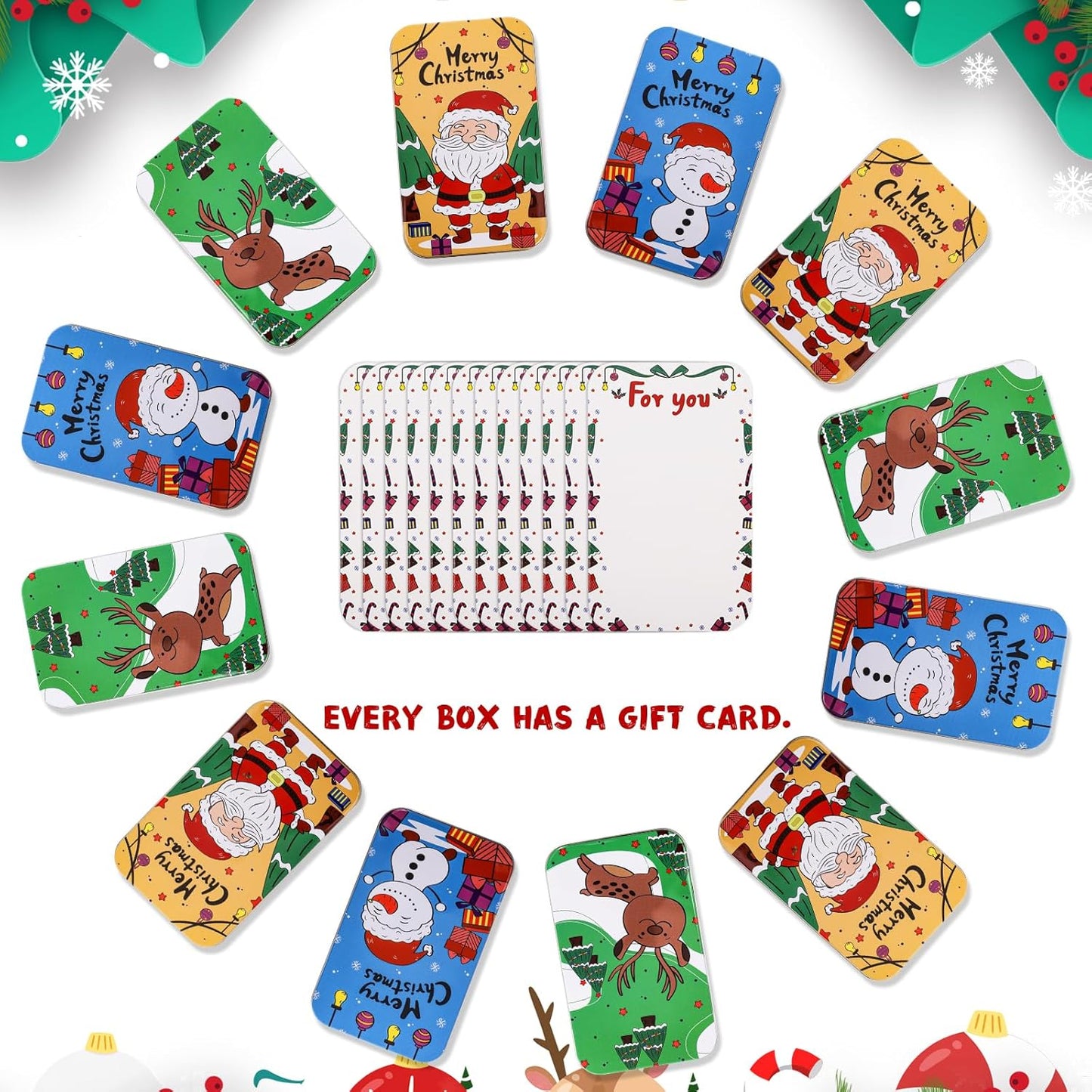 Yopay 12 Pack Christmas Gift Card Tin Boxes with Lid, Metal Chrismas Tin Small Gifts Holder Boxes for Greeting Cards Stocking Stuffers Party Favors, Christmas Holiday