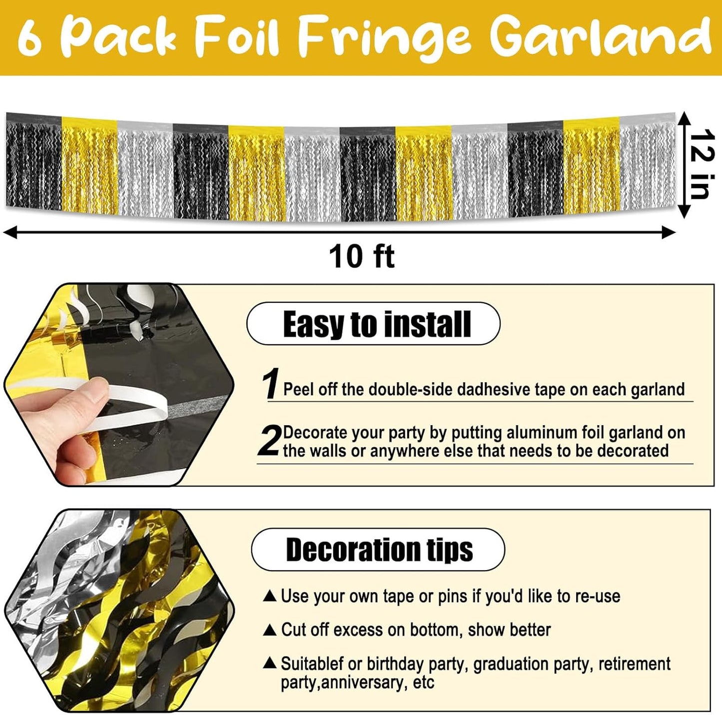6 Pack 10 Feet Black Gold Silver Wave Foil Fringe Garland Metallic Tinsel Streamers Banner Wall Hanging Curtain Backdrop for Parade Floats, Mother's Day, Easter, Wedding, Birthday Party Decoration