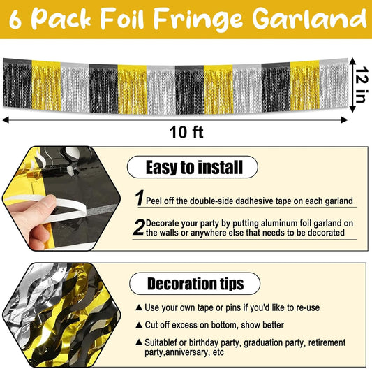 6 Pack 10 Feet Black Gold Silver Wave Foil Fringe Garland Metallic Tinsel Streamers Banner Wall Hanging Curtain Backdrop for Parade Floats, Mother's Day, Easter, Wedding, Birthday Party Decoration
