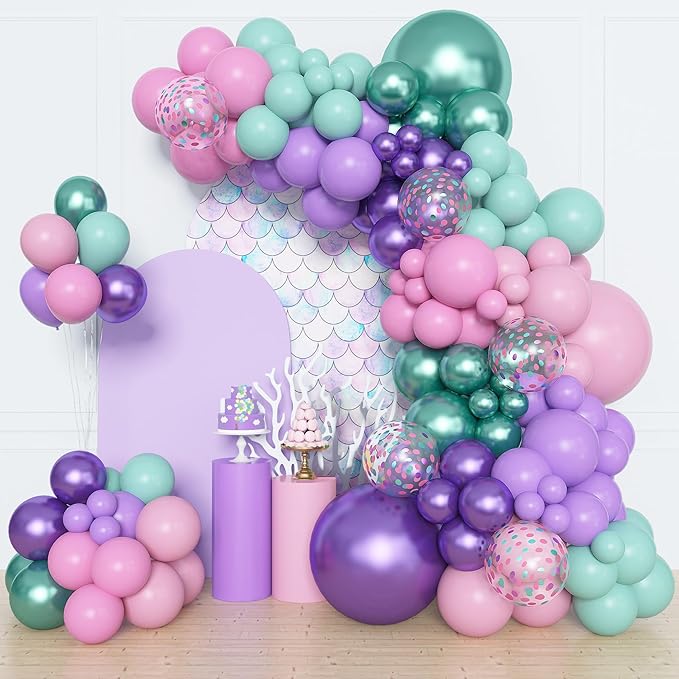 Amandir 153pcs Mermaid Balloon Garland Arch Kit, Different Sizes 18 12 10 5 inch Purple Pink Green Latex Metallic Confetti Balloons for Girl Ocean Themed Party Decorations