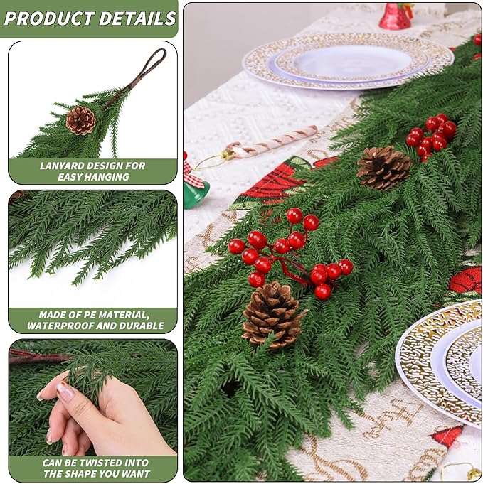 2 Pack 6FT Christmas Norfolk Pine Garlands with Pine Cone Real Touch Christmas Garland Artificial Greenery Garland for Fireplace, Table, Wall, Stairs, Outdoor Holiday Décor