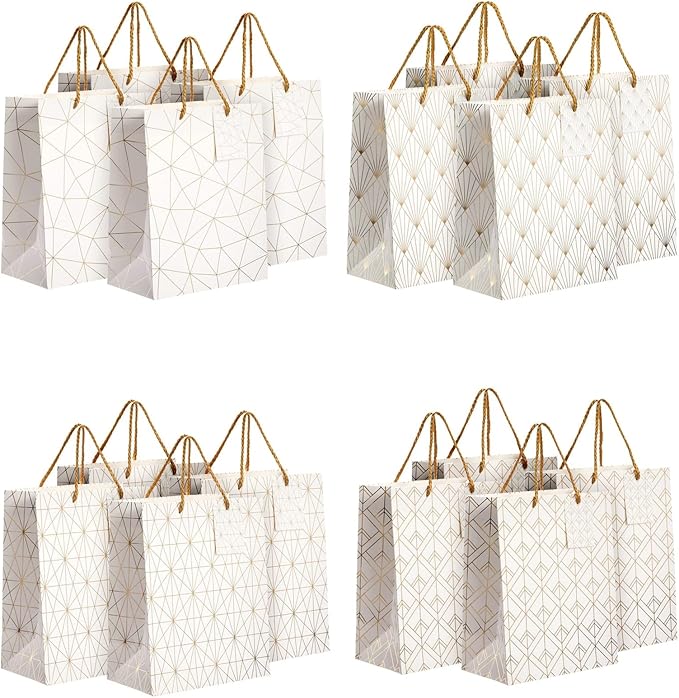 Sparkle and Bash Party Favor Bags - 8" x 10" x 4.5", Medium White & Gold, 16 Pack - Geometric Foil w/Rope Handles & Tags - Reusable Thank You Gift & Mini Gift Bags for Wedding, Bridal & Baby Showers