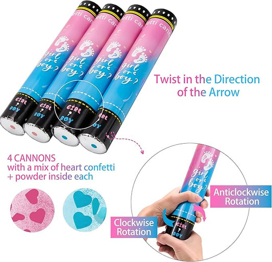 Crisky Gender Reveal Confetti Cannon Heart Shaped Confetti Poppers 2 Pink 2 Blue Baby Shower Baptism Party Cannons Shooter Blaster