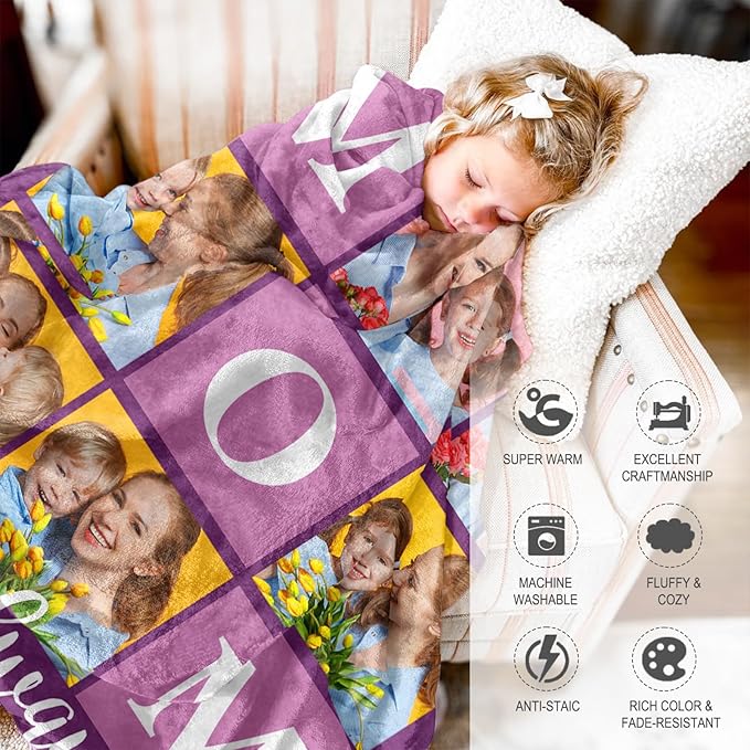 Mothers Day Blanket Gifts for Mom,Custom Blanket with Picture Text Personalized Photo Throw Blanket Customized New Moms Gift from Daughter Son Husband, Birthday Gift for Wife Grandma Grandmother Women