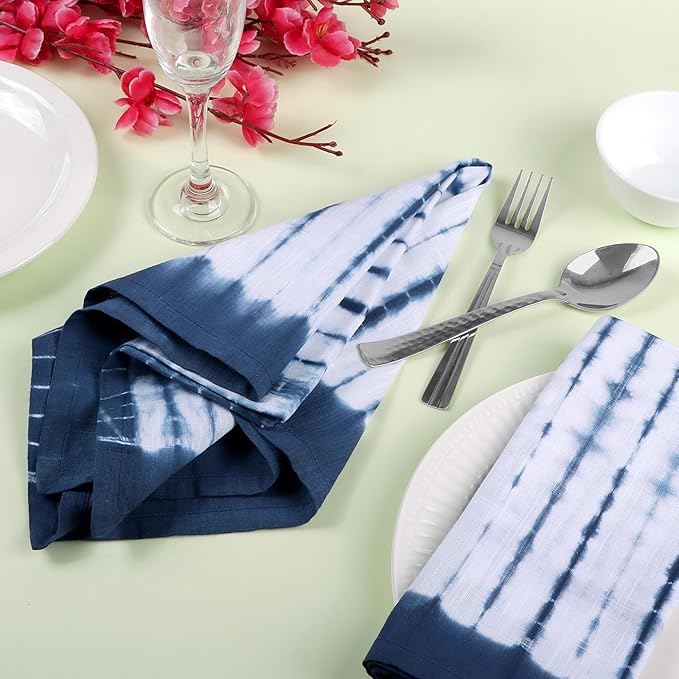 FINGERCRAFT Cloth Napkins Set of 6 Cotton Blend Tie Dye 20x20 Inch Large Size Dinner Napkins Cloth Perfect for Parties Dinners Weddings Cocktail Christmas Easter Royal Blue Stripe