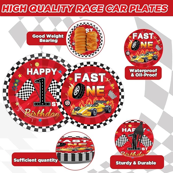 96Pcs Fast One Birthday Party Supplies Racing Car 1st Birthday Paper Plates Napkins Race Cars Party Decorations Baby Show One Year Old Dinnerware Favor Tableware Serves 24