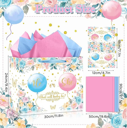 Gender Reveal Gift Bag Blue Pink Boy or Girl Paper Bag with Wrapping Paper Card What Will Baby Be Party Decoration Ballon Treat Candy Bag for Baby Shower Gender Reveal Birthday Party Supplies