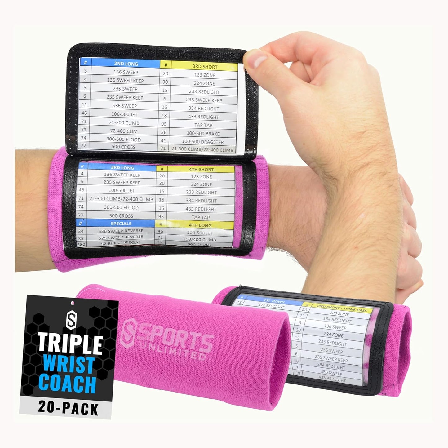 Sports Unlimited Adult Triple Wrist Coach, Football Wristbands for Plays, Baseball Wristbands, QB Arm Bands