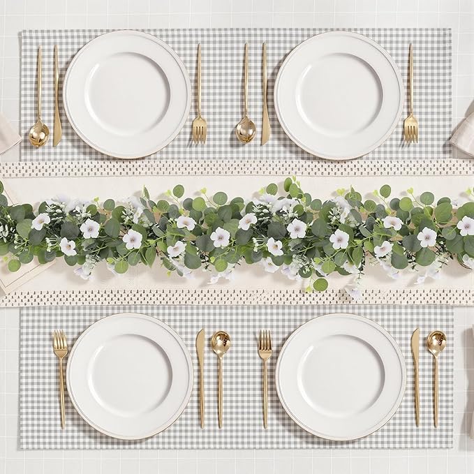 Artificial Eucalyptus Garland with Morning Glory Flowers, 2 Pack Faux Eucalyptus Leaves Greenery Garland Hanging Vines for Wedding Party Backdrop Mantle Table Arch Wall Decor, 6 FT Indoor Outdoor
