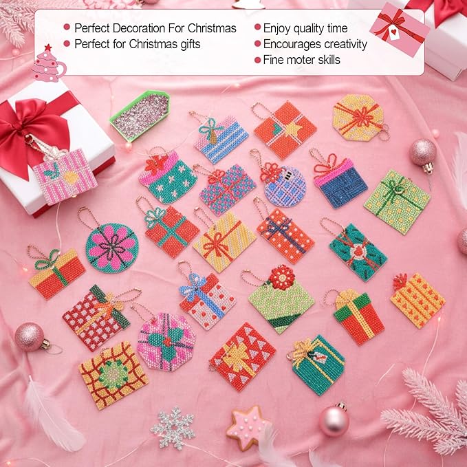 Huquary 24 Pcs Diamond Art Christmas Ornaments 5D DIY Christmas Diamond Arts Painting Keychains Xmas Hanging Painting Kits Gift Boxes Crystal Rhinestone Craft for Home Winter Holiday Gifts