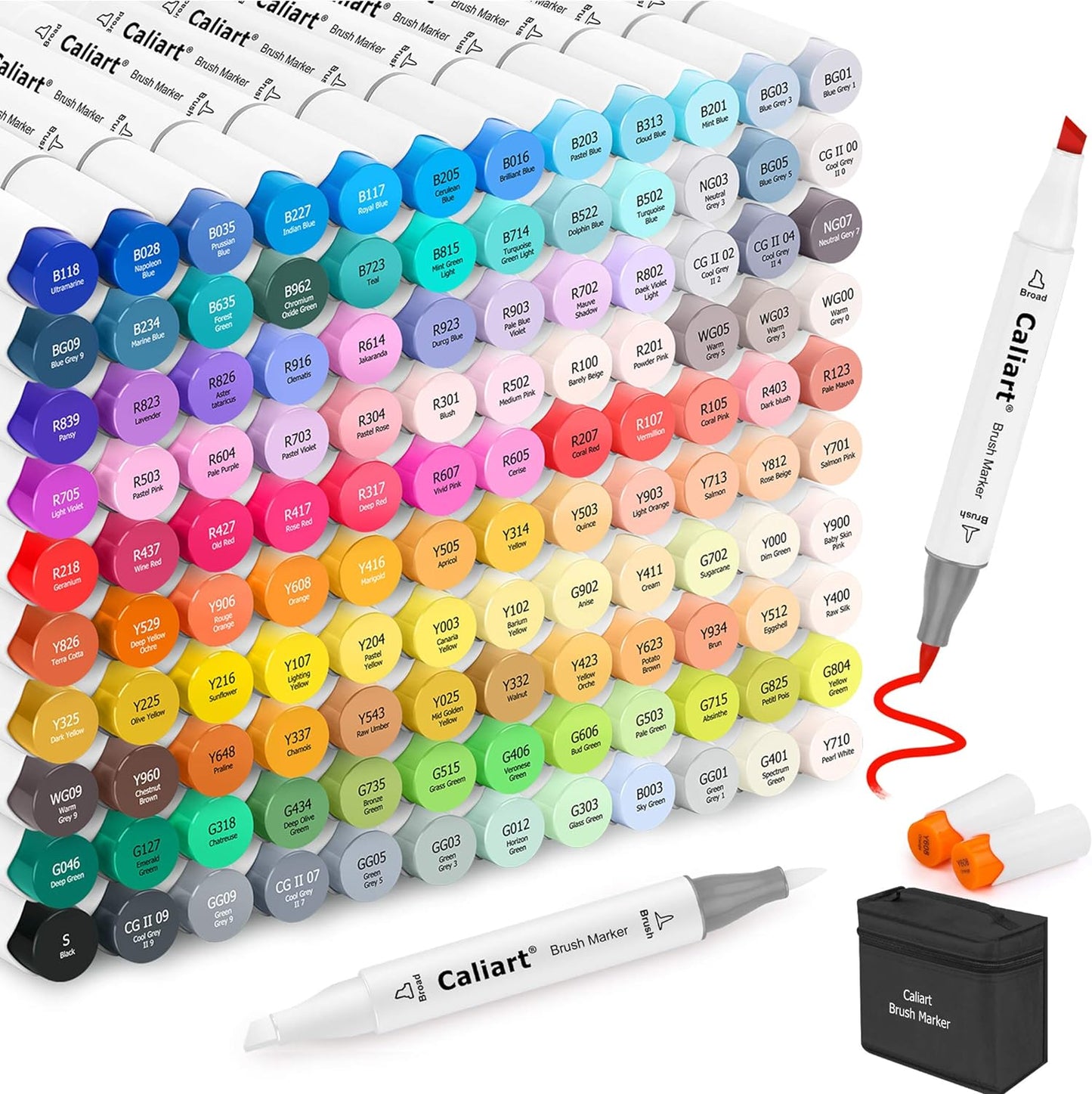 Caliart Alcohol Markers Brush Tip, 121 Colors Dual Tip Artist Sketch Marker Set Brush & Chisel, Permanent Drawing Pen Art Supplies Gifts for Kid Adult Coloring Book Illustration