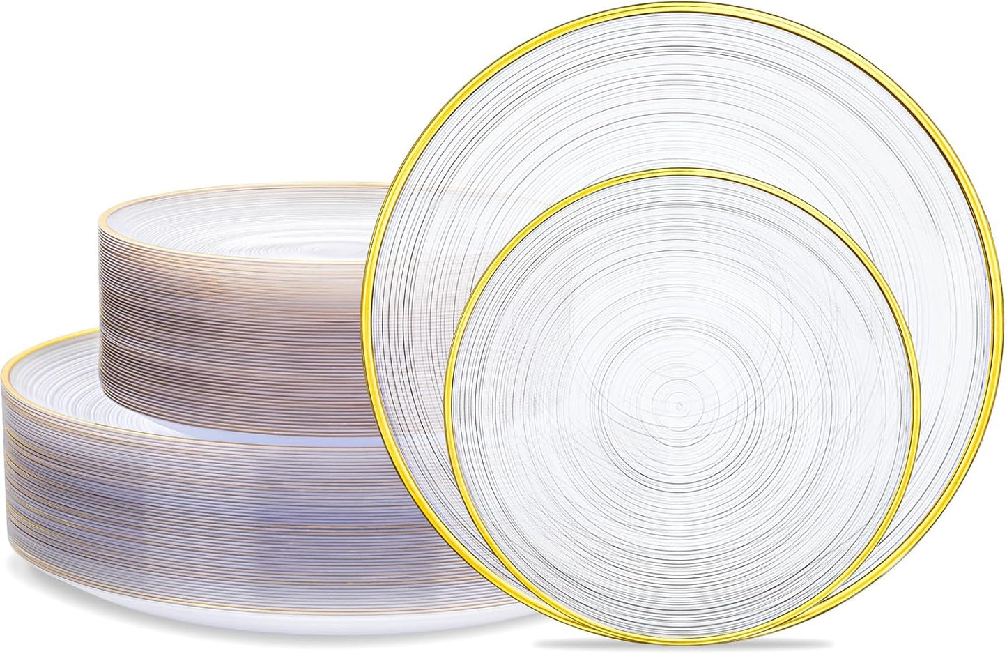Morejoy 100Pcs Clear Plastic Plates,Clear Disposable Plates With Gold Rim,Heavy-duty Gold Plate, Modern swirl design Plate Include 50Clear Dessert-Platos,50Dinner-Platos for Party&Thanksgiving