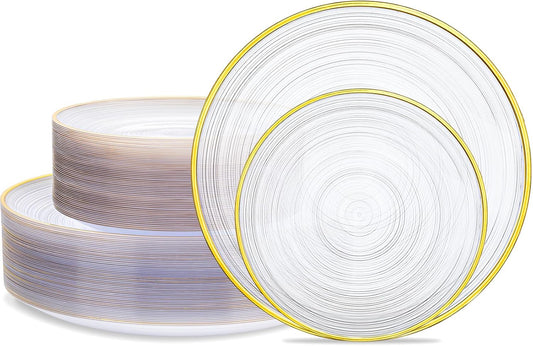 Morejoy 100Pcs Clear Plastic Plates,Clear Disposable Plates With Gold Rim,Heavy-duty Gold Plate, Modern swirl design Plate Include 50Clear Dessert-Platos,50Dinner-Platos for Party&Thanksgiving