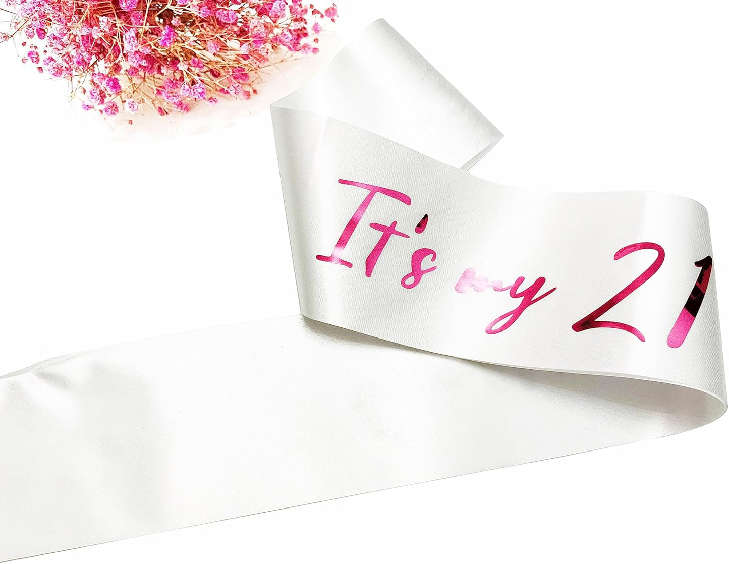 21st Birthday Sash, White Satin Soft Sashes with Pink Foil Letter, Birthday Decorations for Girls Happy 21st Birthday Party Favor Supplies, White Pink