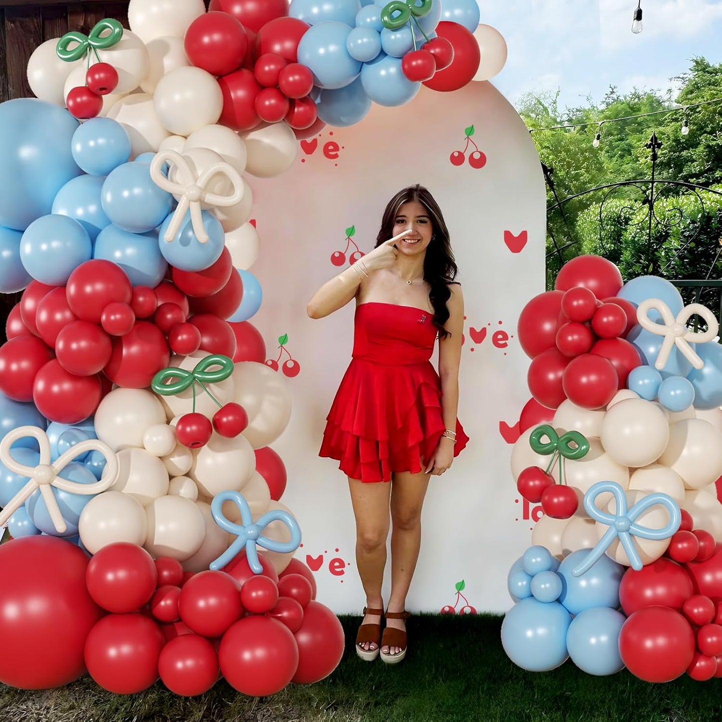 CROSSFINGERS Cherry Red and Blue Balloon Garland Arch Kit,150pcs Bow Light Blue Red White Balloons Arch Kit for Cherry Themed Birthday Baby Shower Wedding Galentine's Bridal Shower Party Decorations