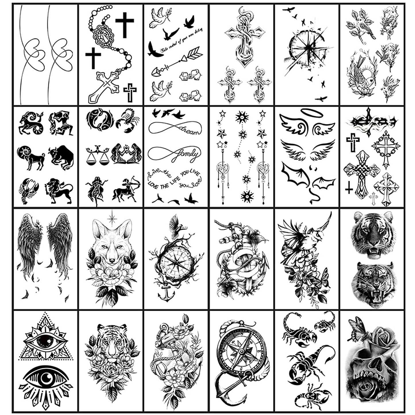 Yazhiji 36 Sheets Temporary Tattoos Stickers, 12 Sheets Fake Body Arm Chest Shoulder Tattoos for Men or Women with 24 Sheets Tiny Black Tattoos