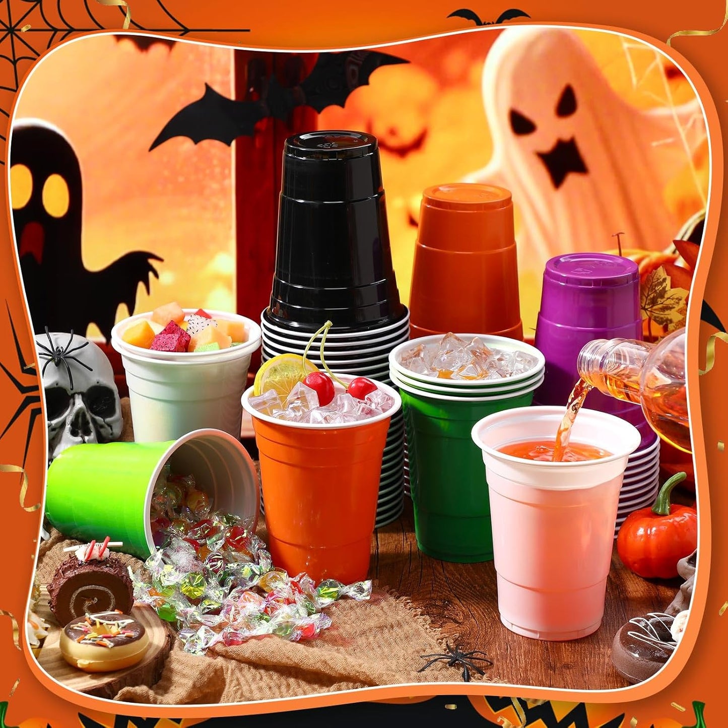Lounsweer 100 Pack 16 Ounce Christmas Plastic Party Cups Disposable Heavy Duty Drinking Water Cups for Holiday Christmas Festival Wedding New Year Birthday Party Supplies(Halloween Color)