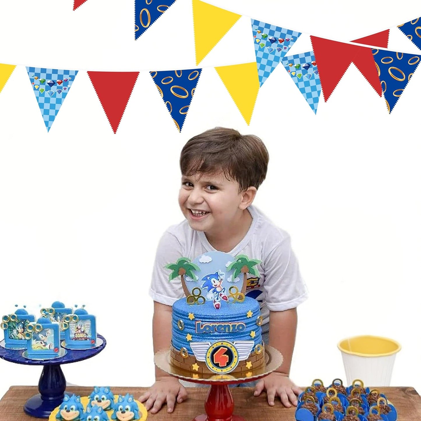 32Ft Hedgehog Birthday Party Decorations Red Blue Yellow and Golden Rings Triangle Flag Pennant Banner Fabric Garland Streamer for Kids Boys Cartoon Birthday Hedgehog Baby Shower Party Decor Supplies