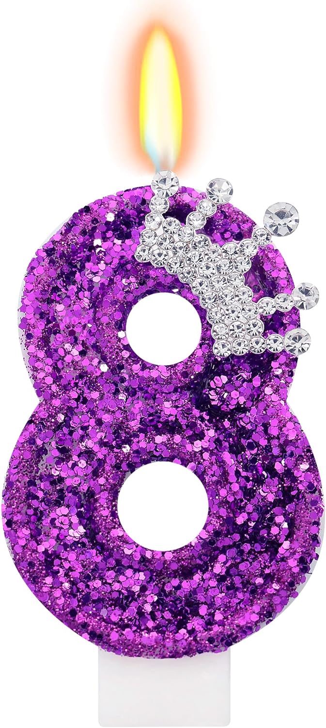 Purple Birthday Candle for Cake, Crown Purple Number Candles, 2.76 inch Cake Topper Decoration for Princess Birthday Party (Number 8)