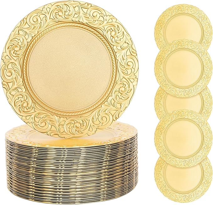 100 Pcs Gold Charger Plates Bulk, 13 Inch Antique Charger Plate Set Plastic Embossed Dinner Plate Reusable Plates for Table Setting Wedding Party (Gold)
