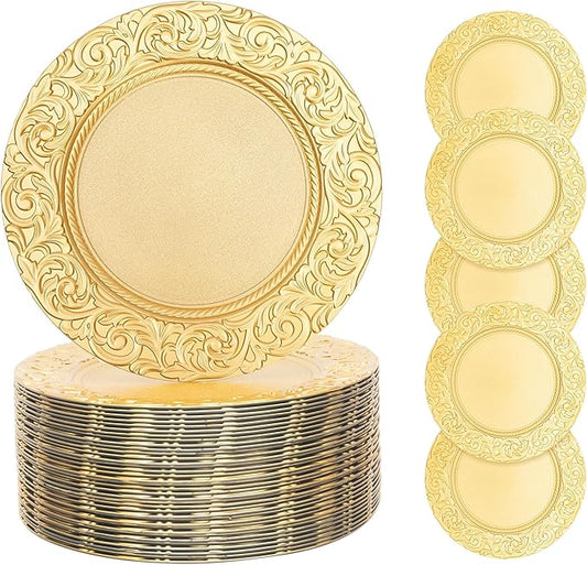 100 Pcs Gold Charger Plates Bulk, 13 Inch Antique Charger Plate Set Plastic Embossed Dinner Plate Reusable Plates for Table Setting Wedding Party (Gold)