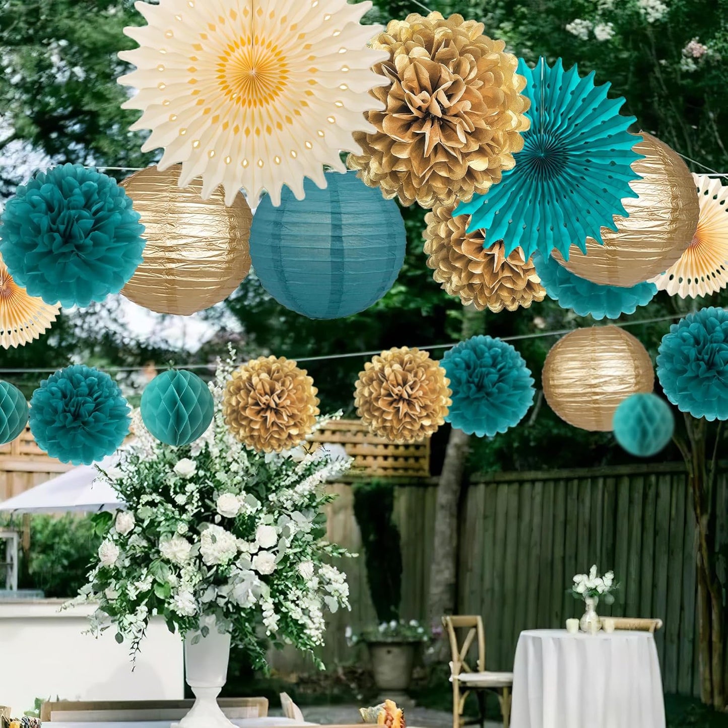 Dark Teal and Gold Party Decorations Dark Teal and Gold Paper Fans Paper Lanterns Pom Poms Flowers for Baby Shower Birthday Wedding Engagement Party