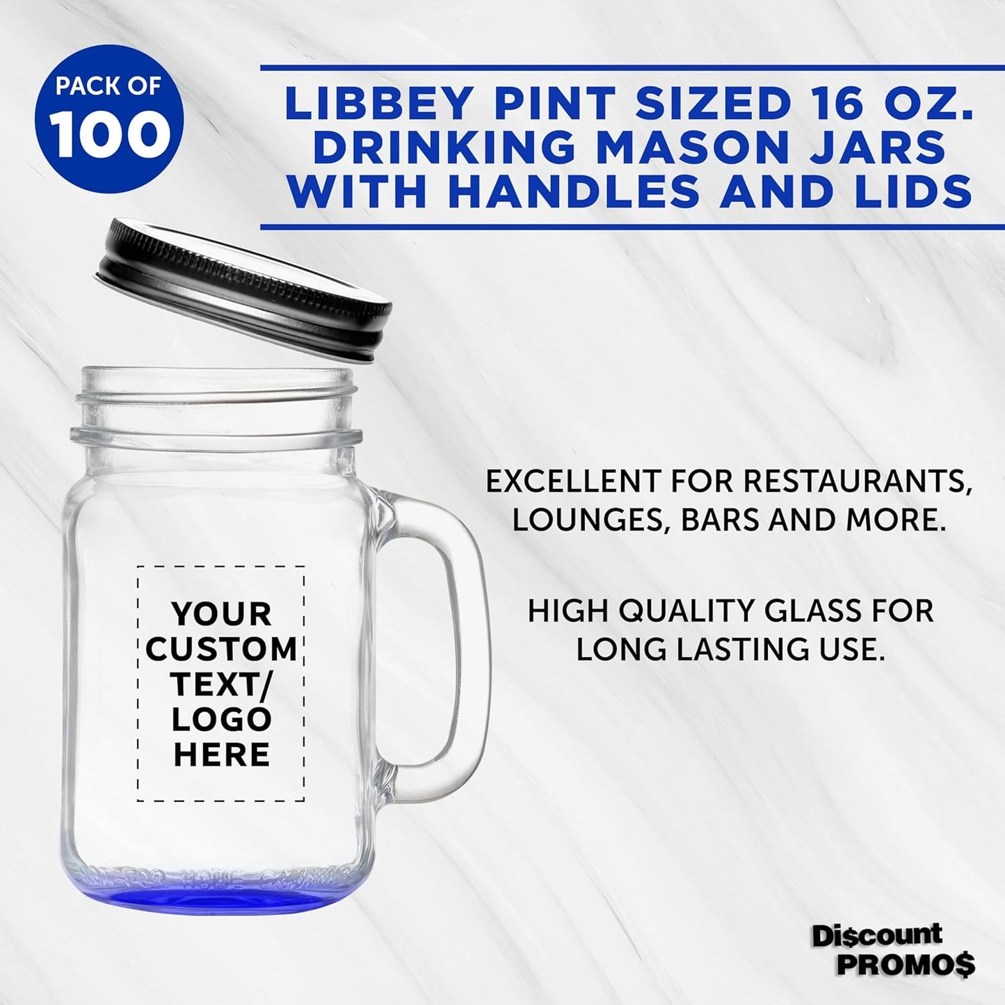 DISCOUNT PROMOS Custom Libbey Handle Mason Jars w/Lids 16 oz. Set of 100, Personalized Bulk Pack - Traditional style, High standard - Blue