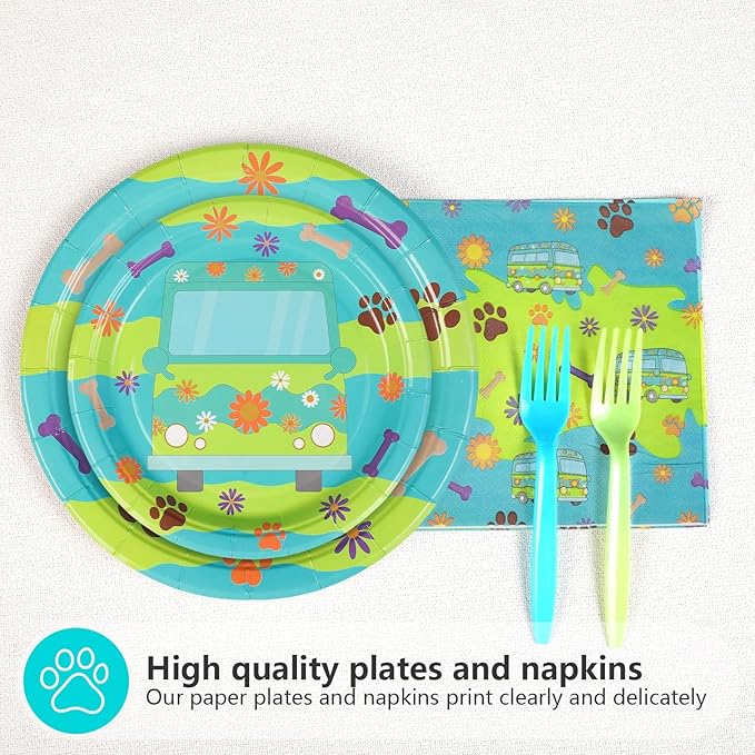 Grencian 96Pcs Mysterious Car Birthday Party Supplies Blue Green Dog Plates and Napkins Carton Dog Paw Tableware Set for Kids Birthday Baby Shower Party Supplies
